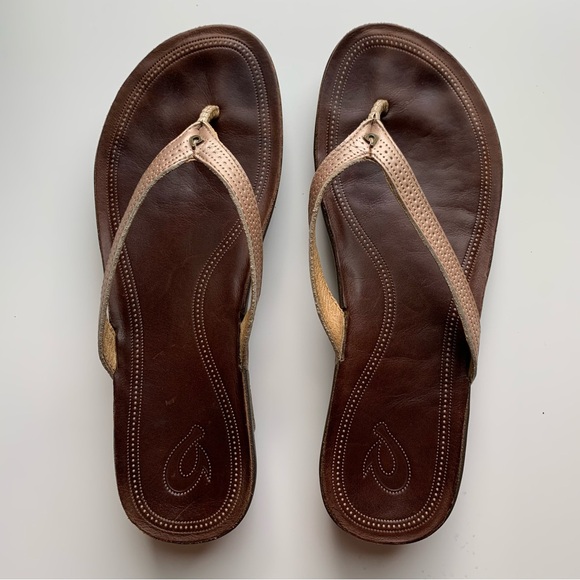 OluKai Ola Bronze Gold Brown Comfort Leather Wedge Sandals - Picture 1 of 8